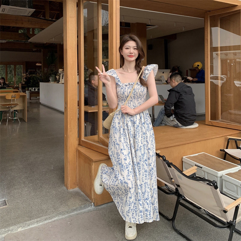 Summer refreshing strap dress boats sleeve tender long dress