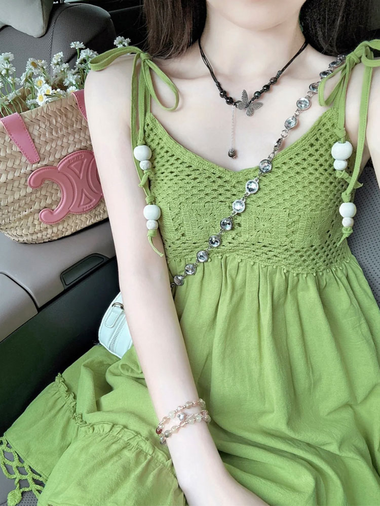 Summer green doll T-back tassels sling dress for women