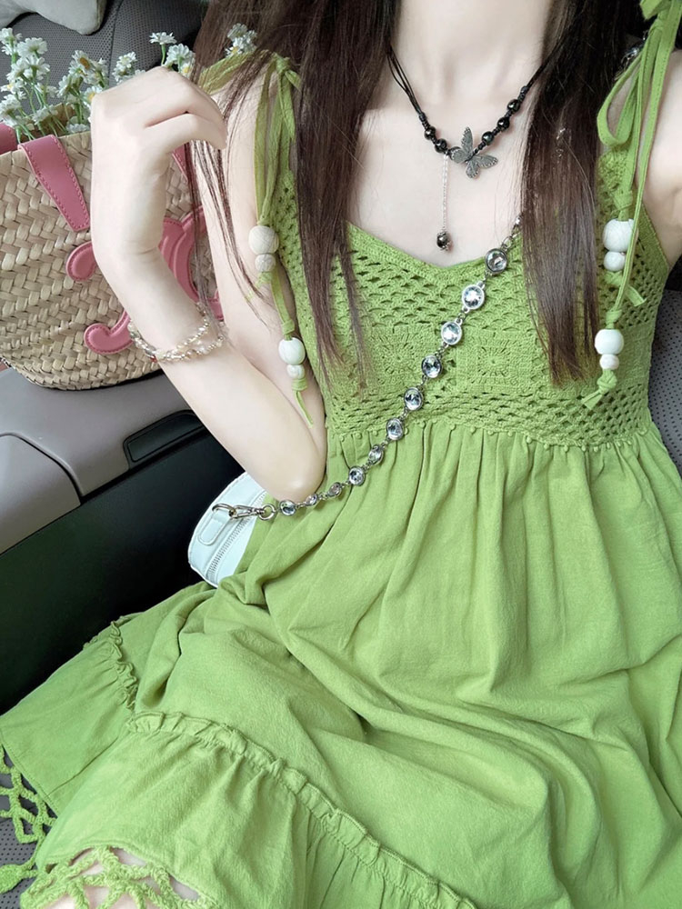 Summer green doll T-back tassels sling dress for women