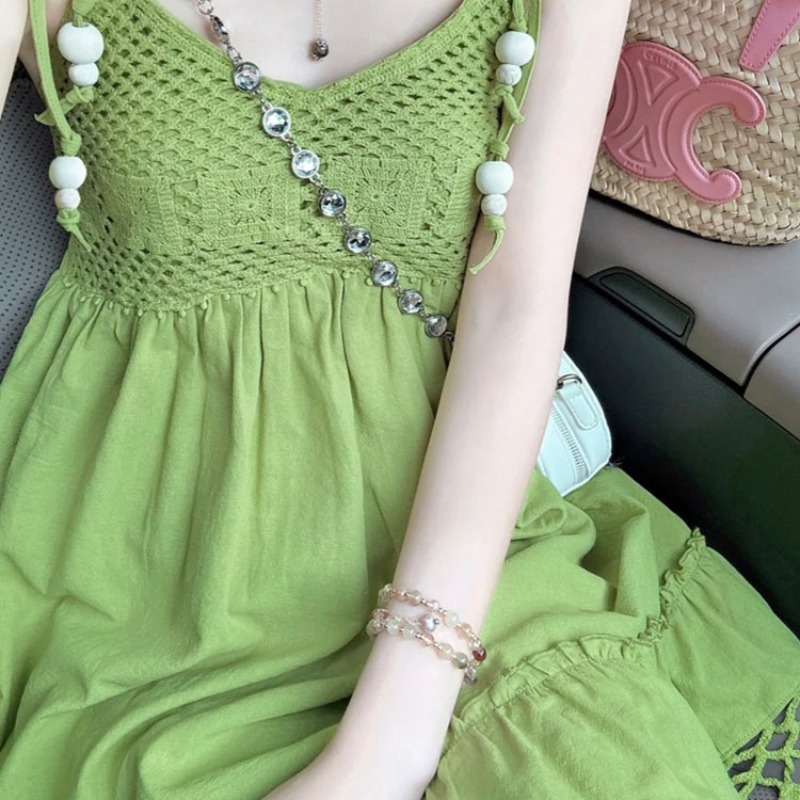 Summer green doll T-back tassels sling dress for women
