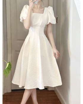 A-line lady lined long double summer puff sleeve dress
