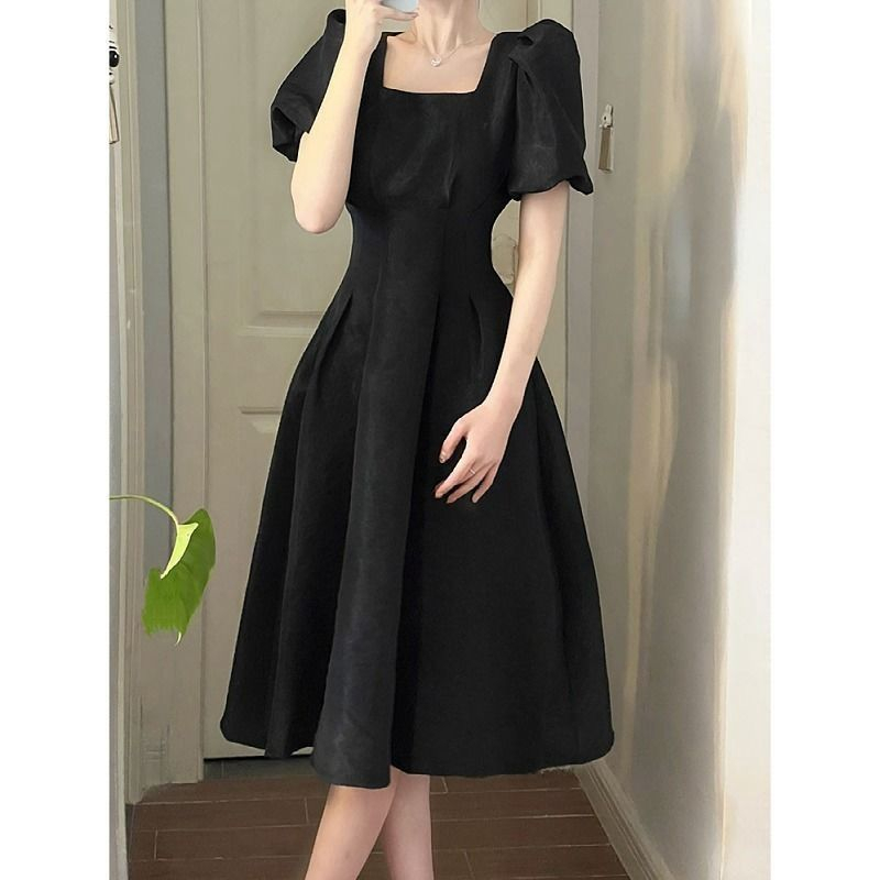 A-line lady lined long double summer puff sleeve dress