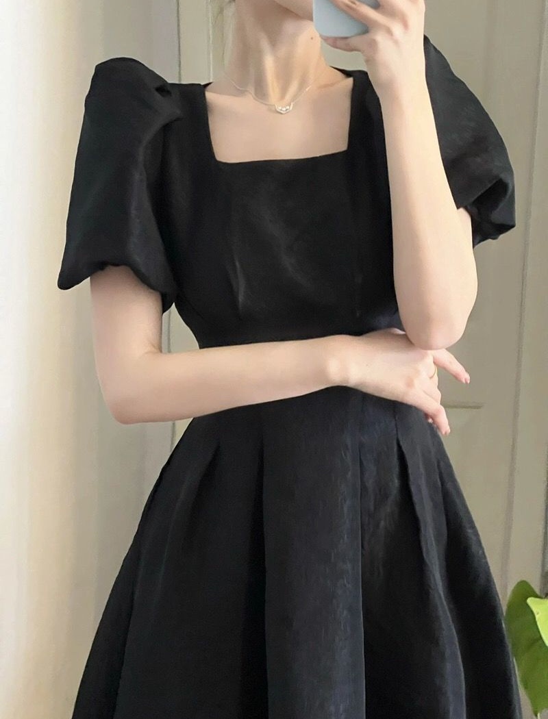 A-line lady lined long double summer puff sleeve dress