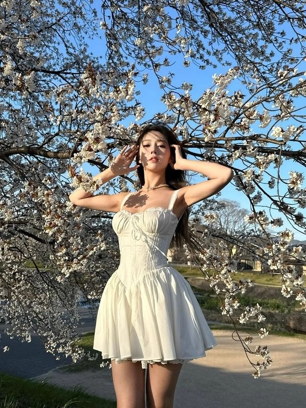 Pinched waist dress sweet style T-back for women