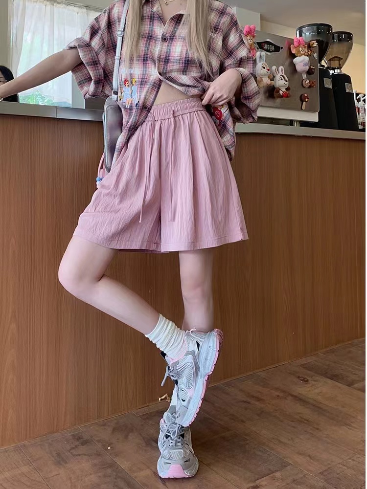 Ice silk purple drawstring pants summer folds shorts for women