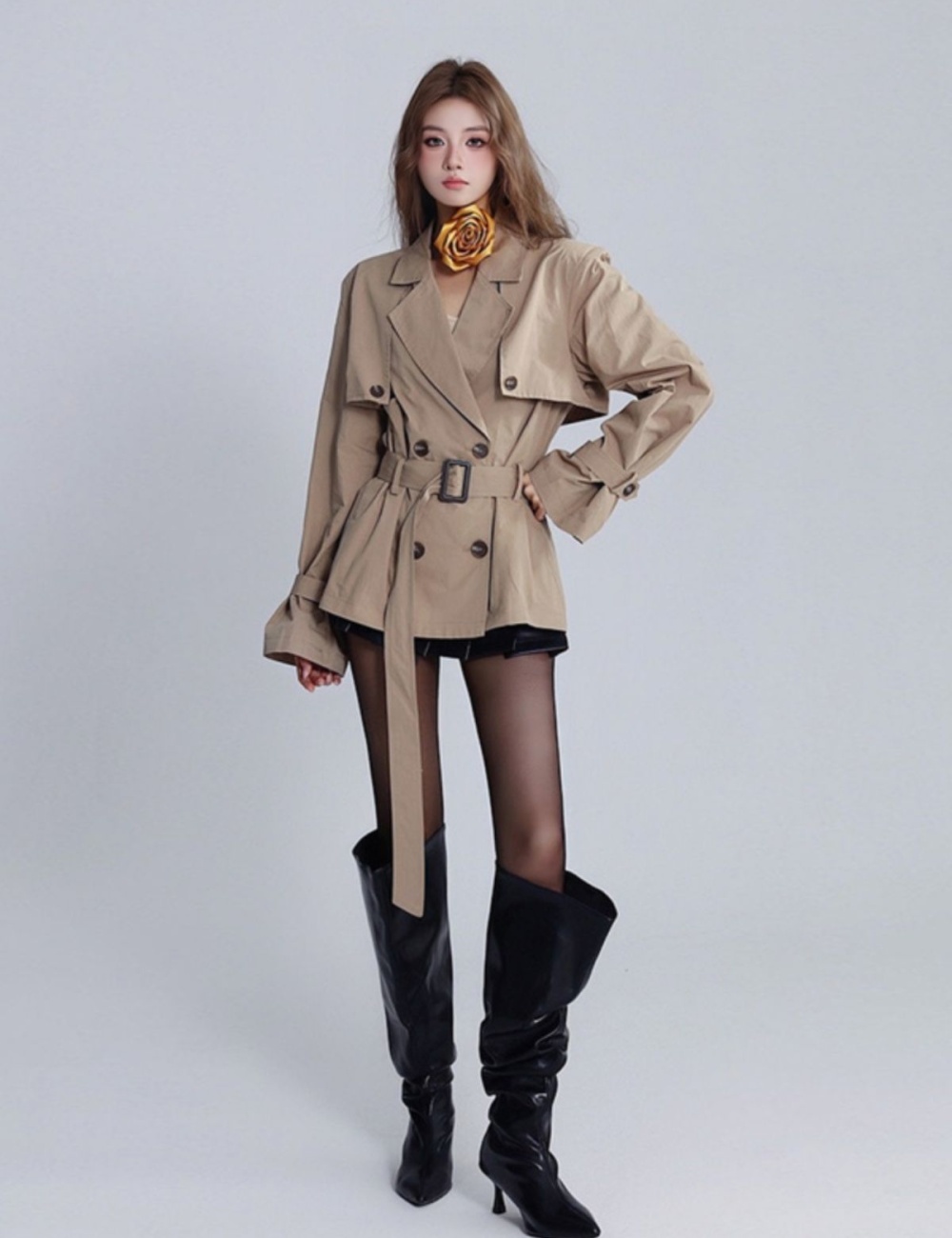 Korean style France style windbreaker khaki coat for women