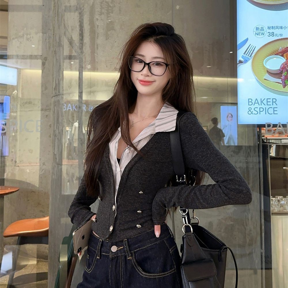 Splice autumn tops Pseudo-two T-shirt for women