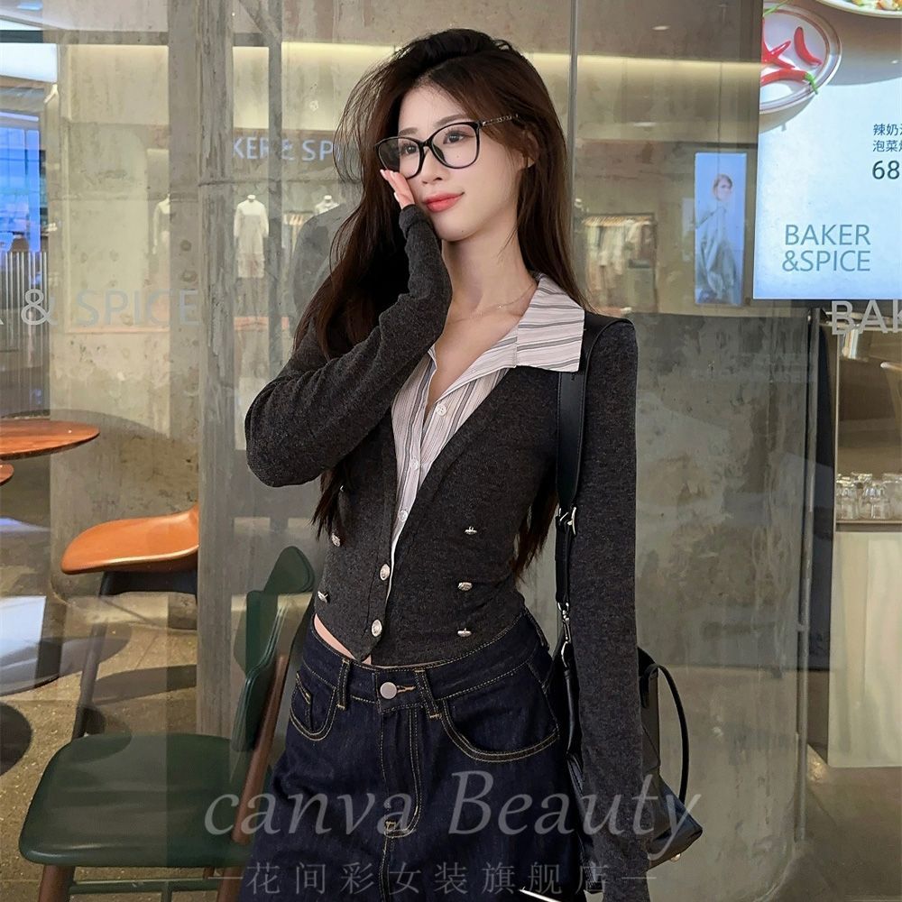 Splice autumn tops Pseudo-two T-shirt for women