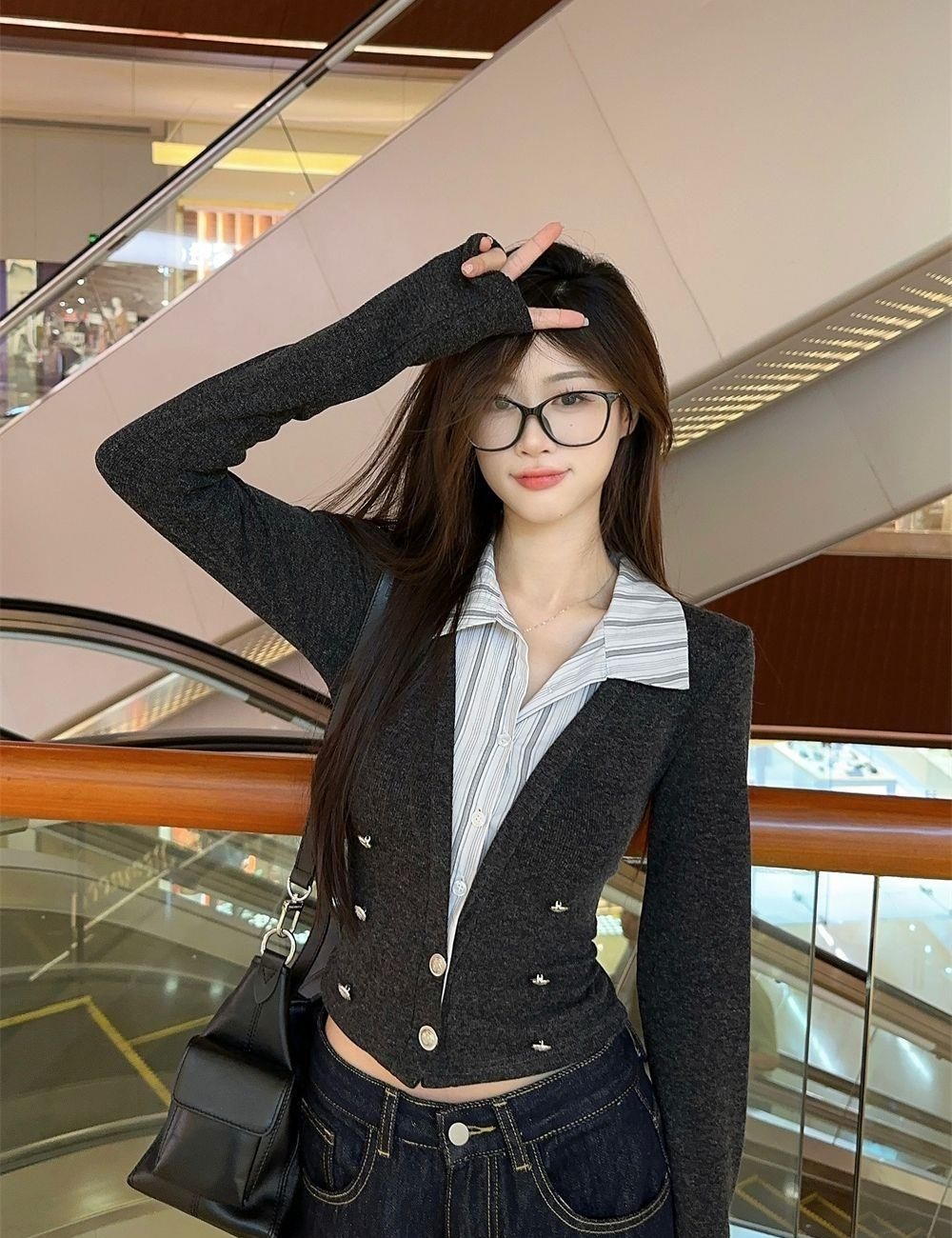 Splice autumn tops Pseudo-two T-shirt for women