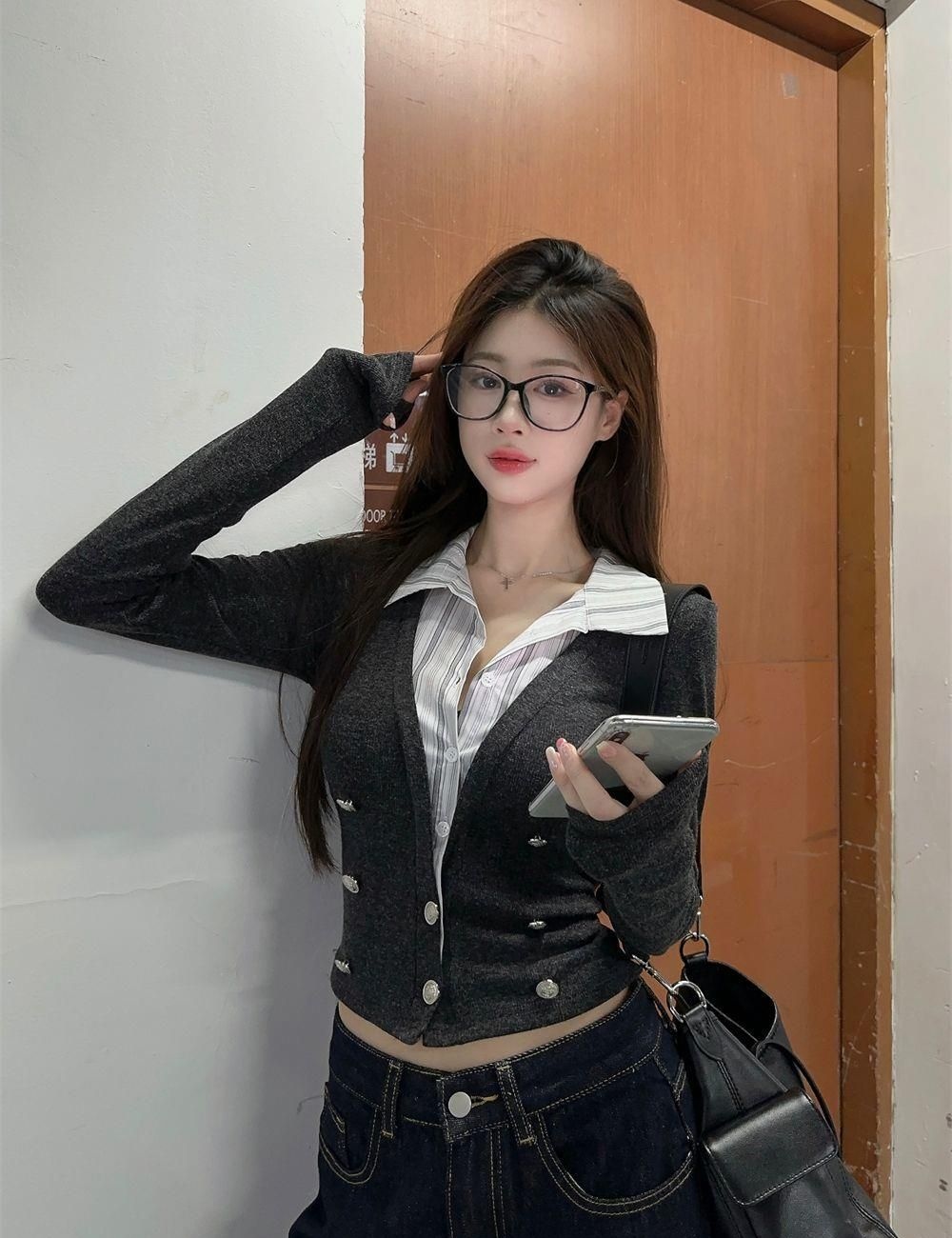 Splice autumn tops Pseudo-two T-shirt for women