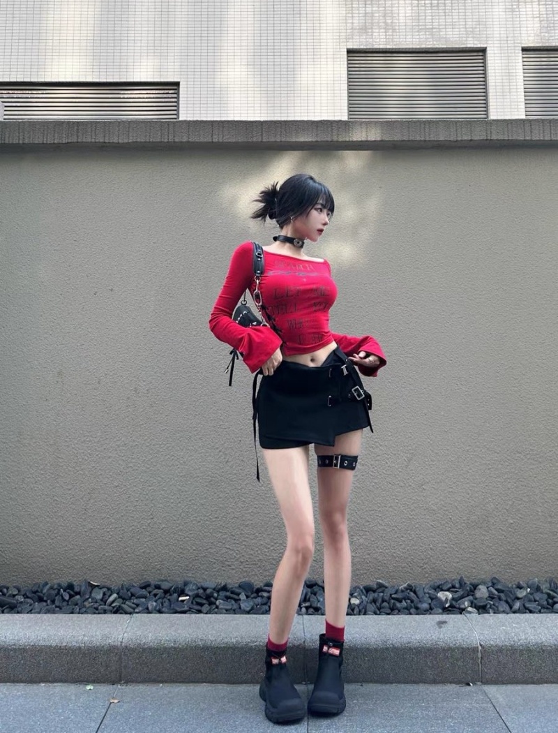 Slim sloping shoulder bottoming shirt American style tops for women