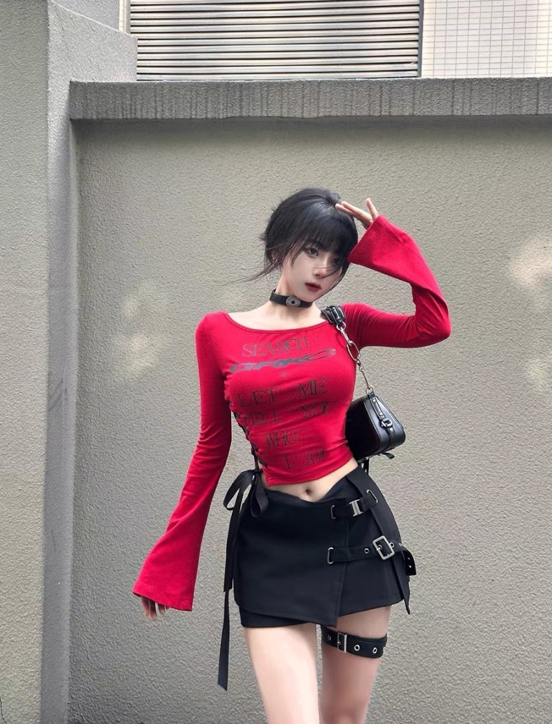 Slim sloping shoulder bottoming shirt American style tops for women