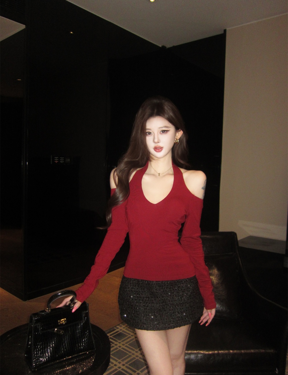 Sequins short skirt spring bottoming shirt 2pcs set
