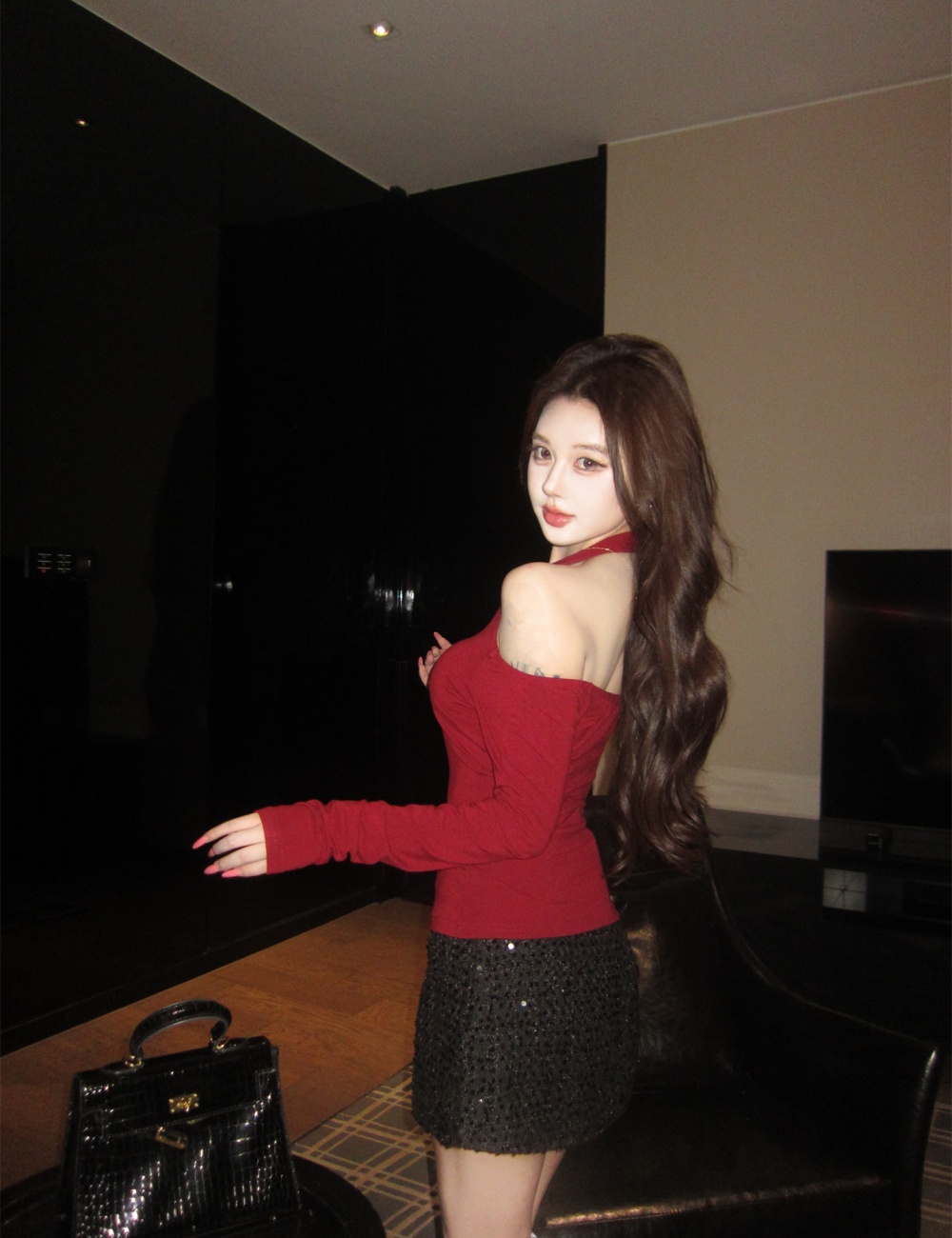 Sequins short skirt spring bottoming shirt 2pcs set