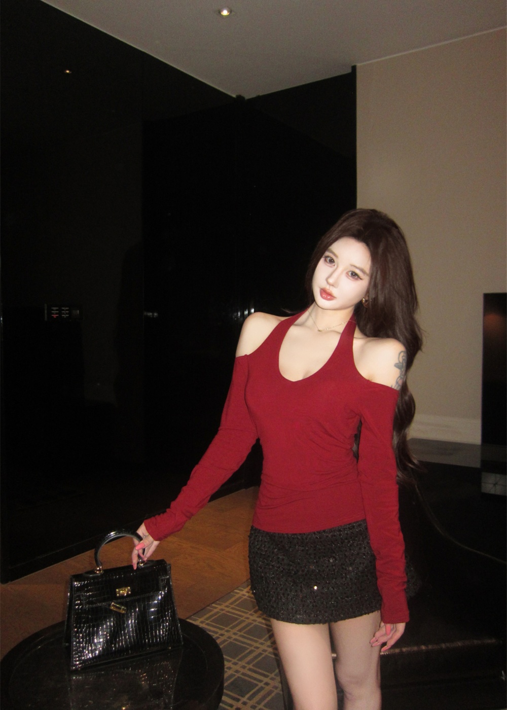 Sequins short skirt spring bottoming shirt 2pcs set