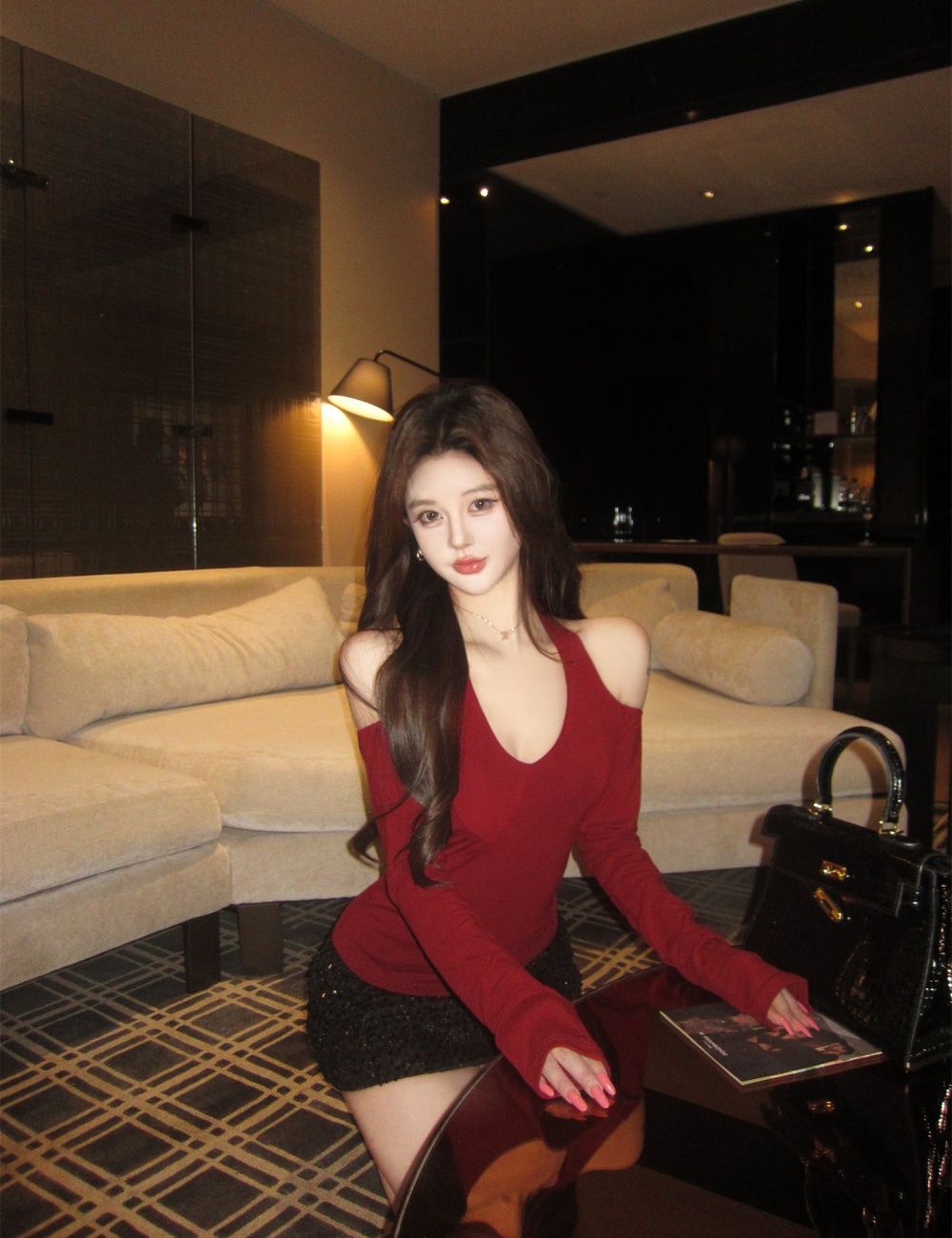 Sequins short skirt spring bottoming shirt 2pcs set