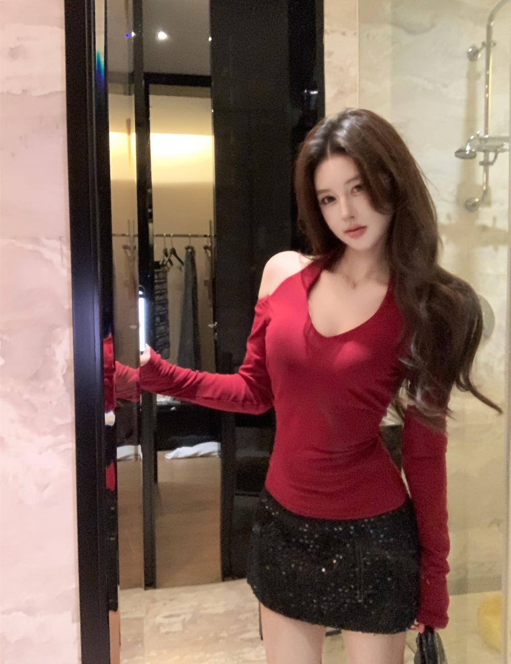 Sequins short skirt spring bottoming shirt 2pcs set