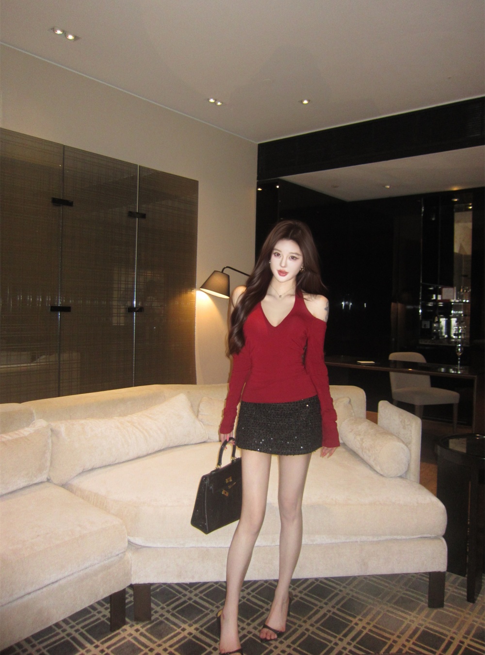 Sequins short skirt spring bottoming shirt 2pcs set