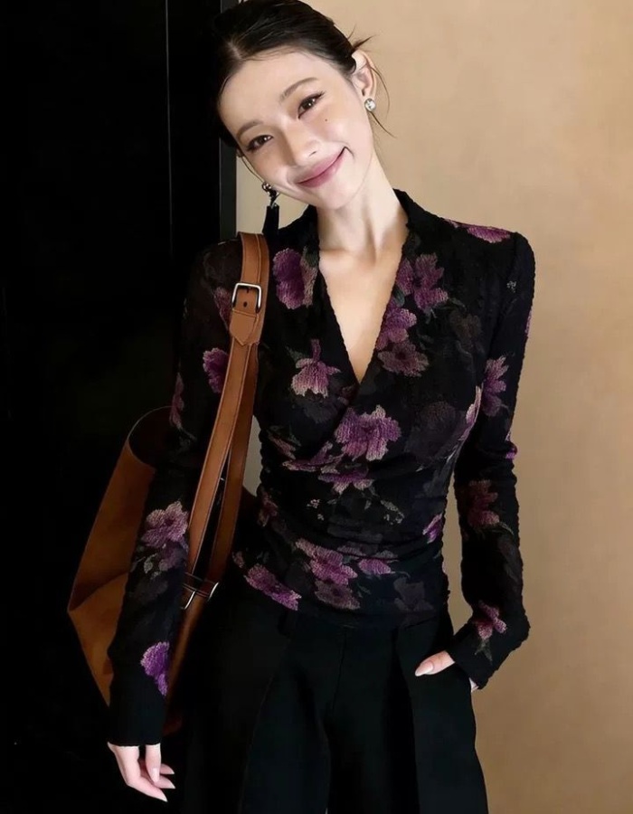 Long sleeve V-neck retro pinched waist colors spring tops