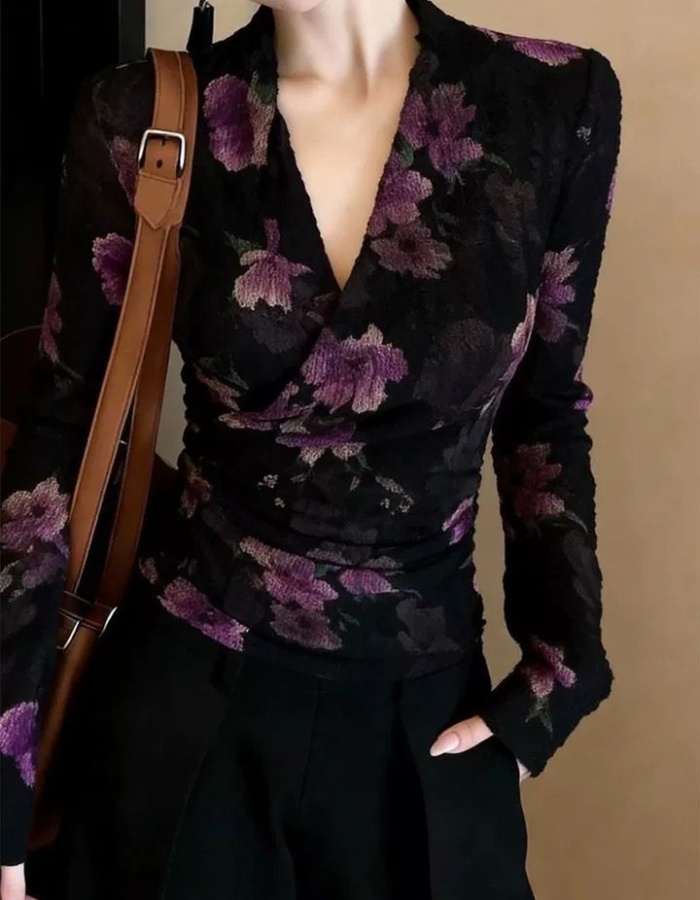 Long sleeve V-neck retro pinched waist colors spring tops