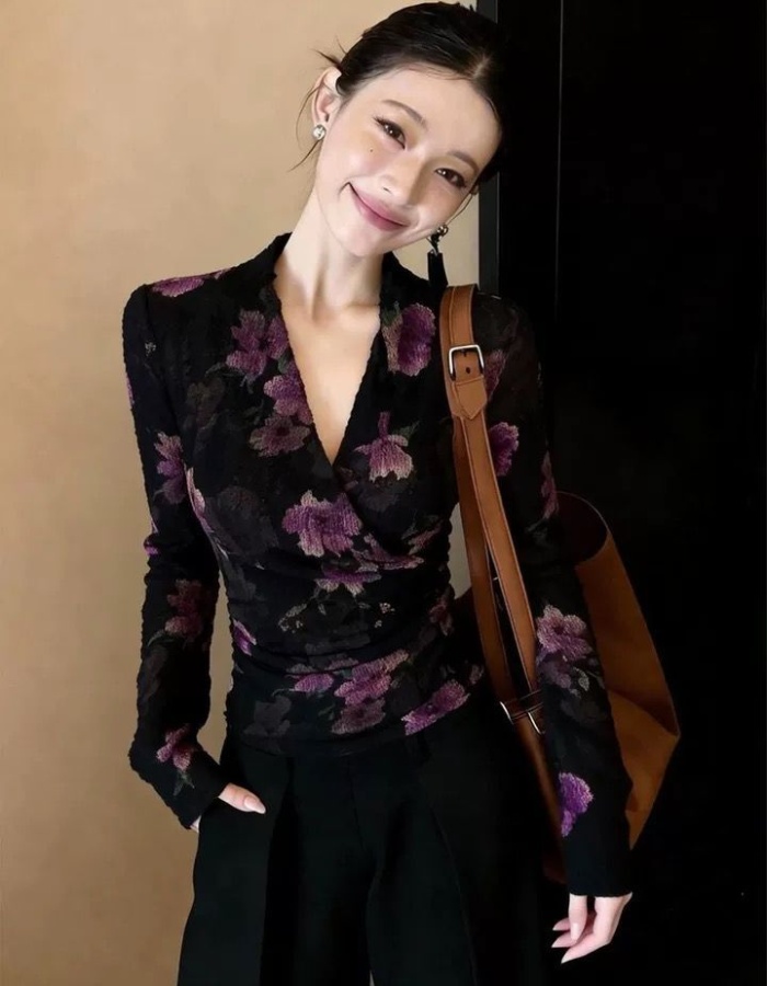 Long sleeve V-neck retro pinched waist colors spring tops