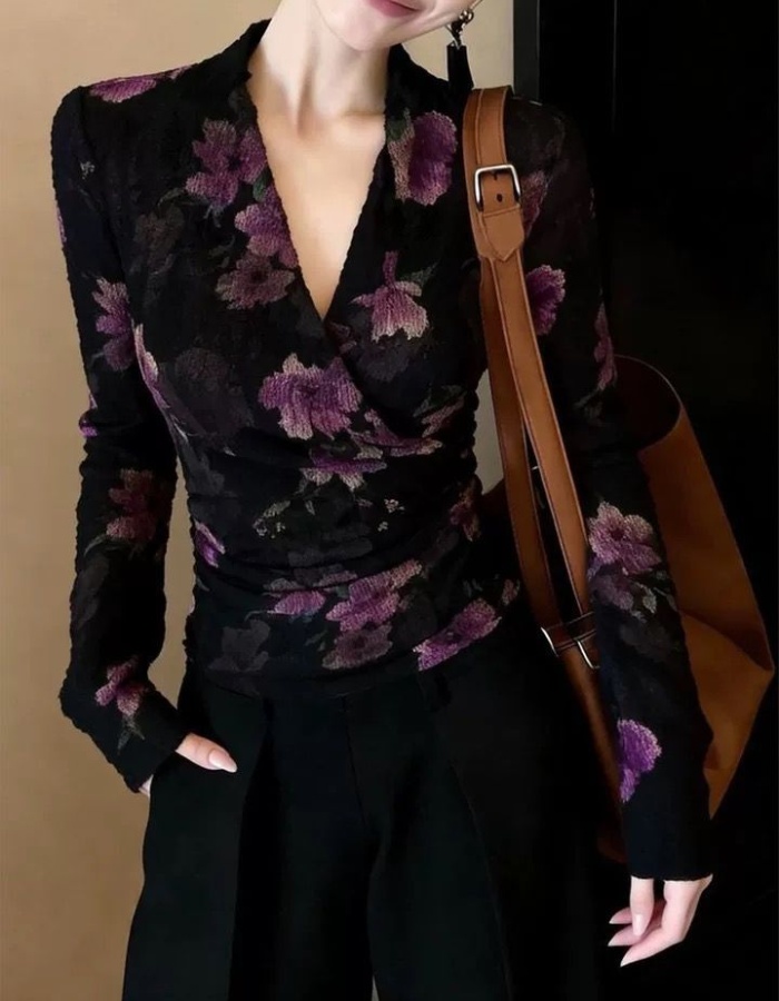 Long sleeve V-neck retro pinched waist colors spring tops