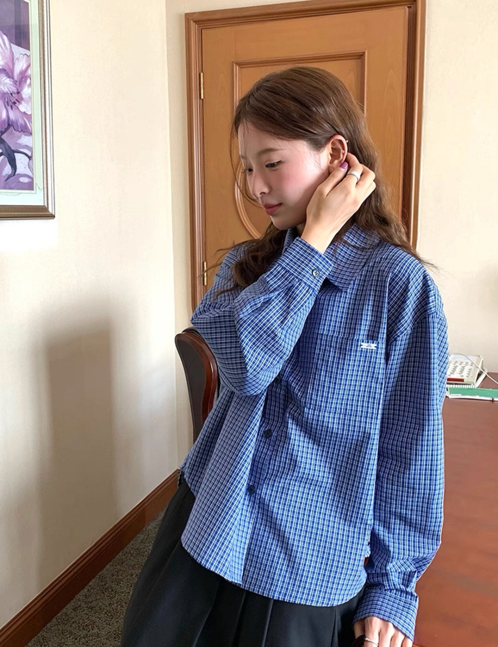 Korean style plaid retro college style commuting shirt