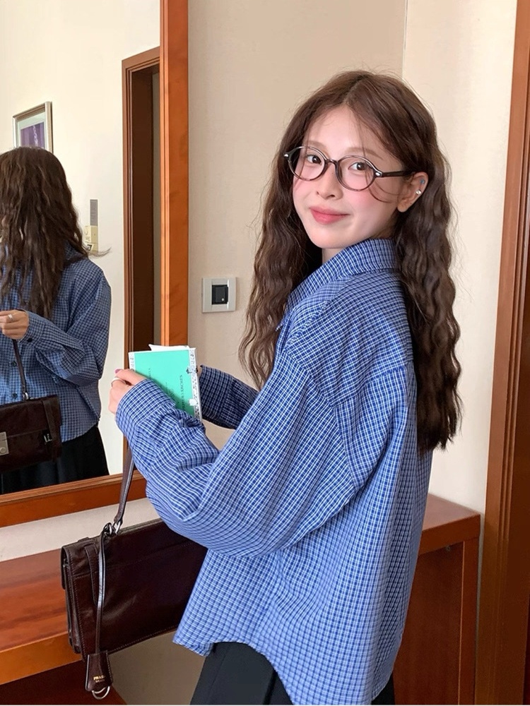 Korean style plaid retro college style commuting shirt