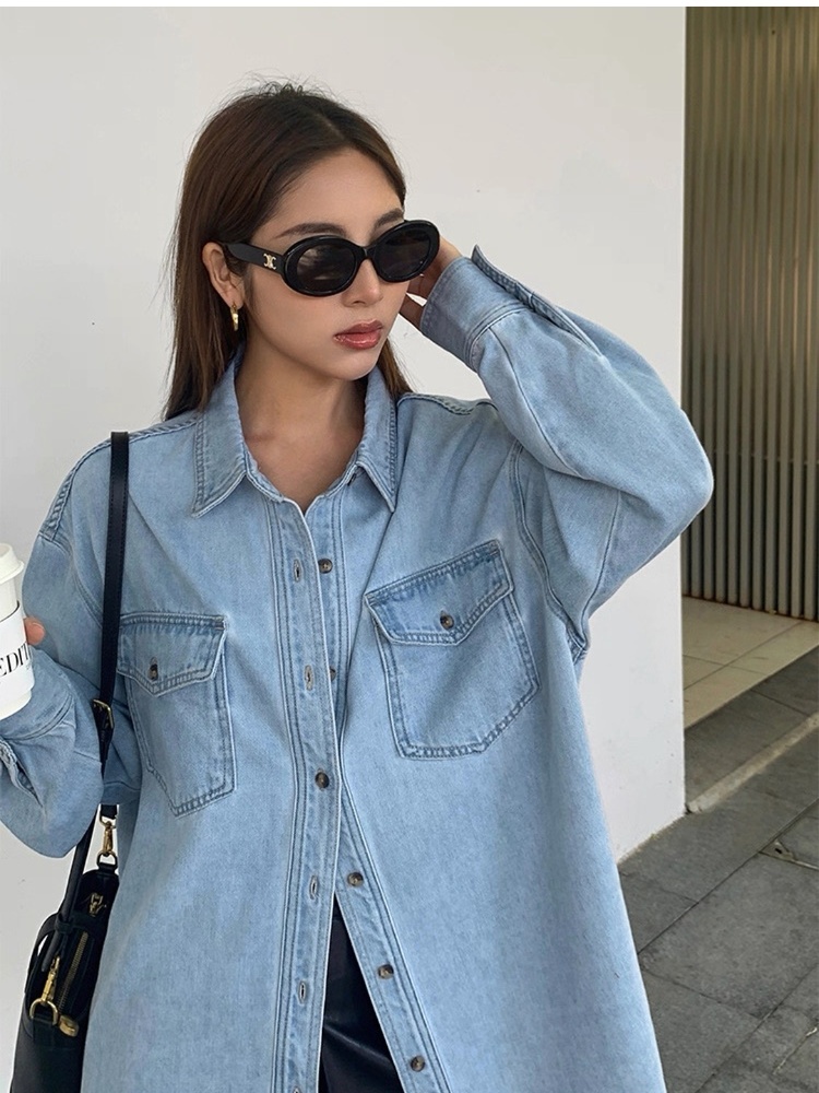 Long loose retro shirt slim long sleeve tops for women