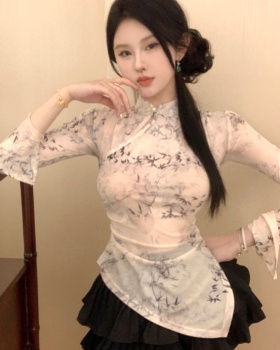 Retro irregular tops Chinese style slim T-shirt for women