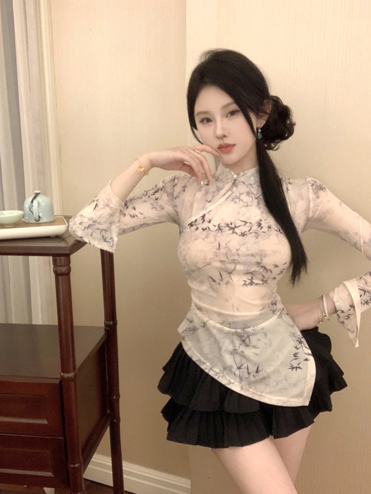 Retro irregular tops Chinese style slim T-shirt for women