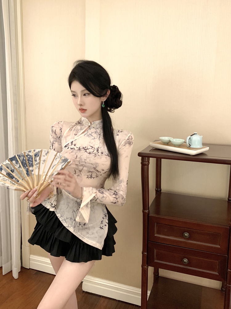 Retro irregular tops Chinese style slim T-shirt for women