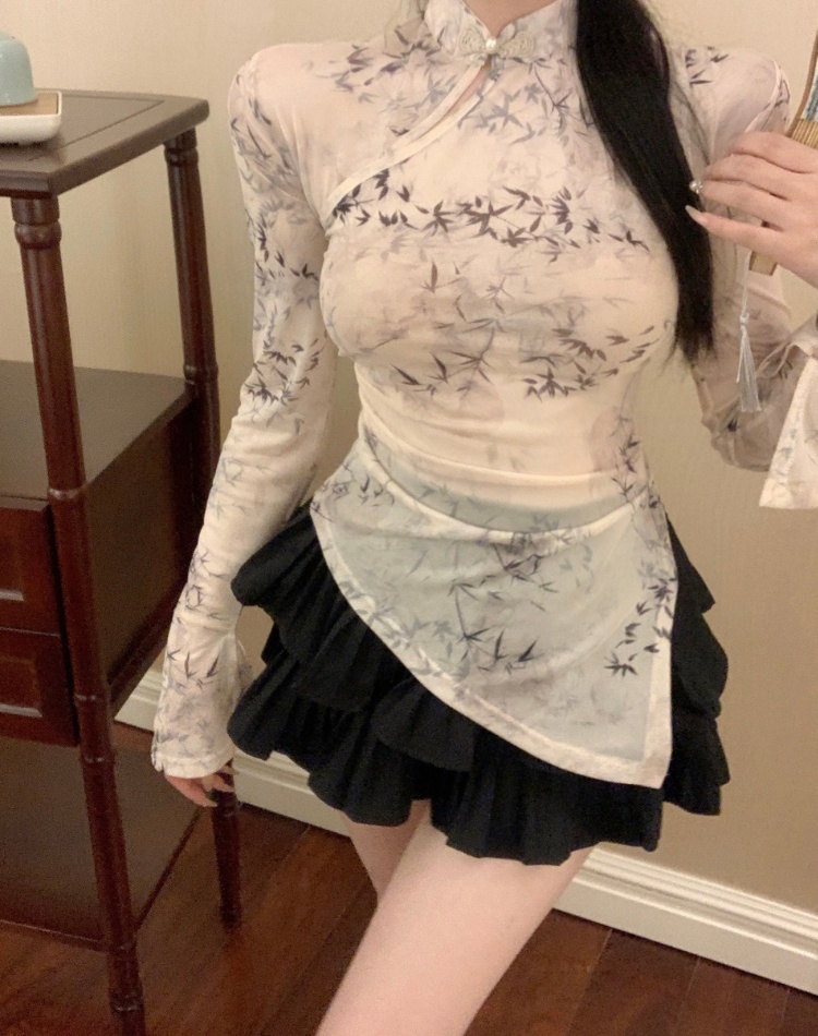 Retro irregular tops Chinese style slim T-shirt for women