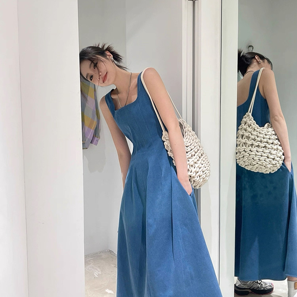 Temperament retro long dress sling A-line vest for women