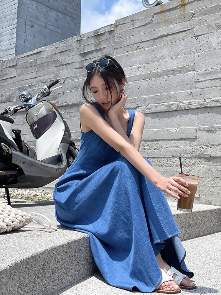 Temperament retro long dress sling A-line vest for women