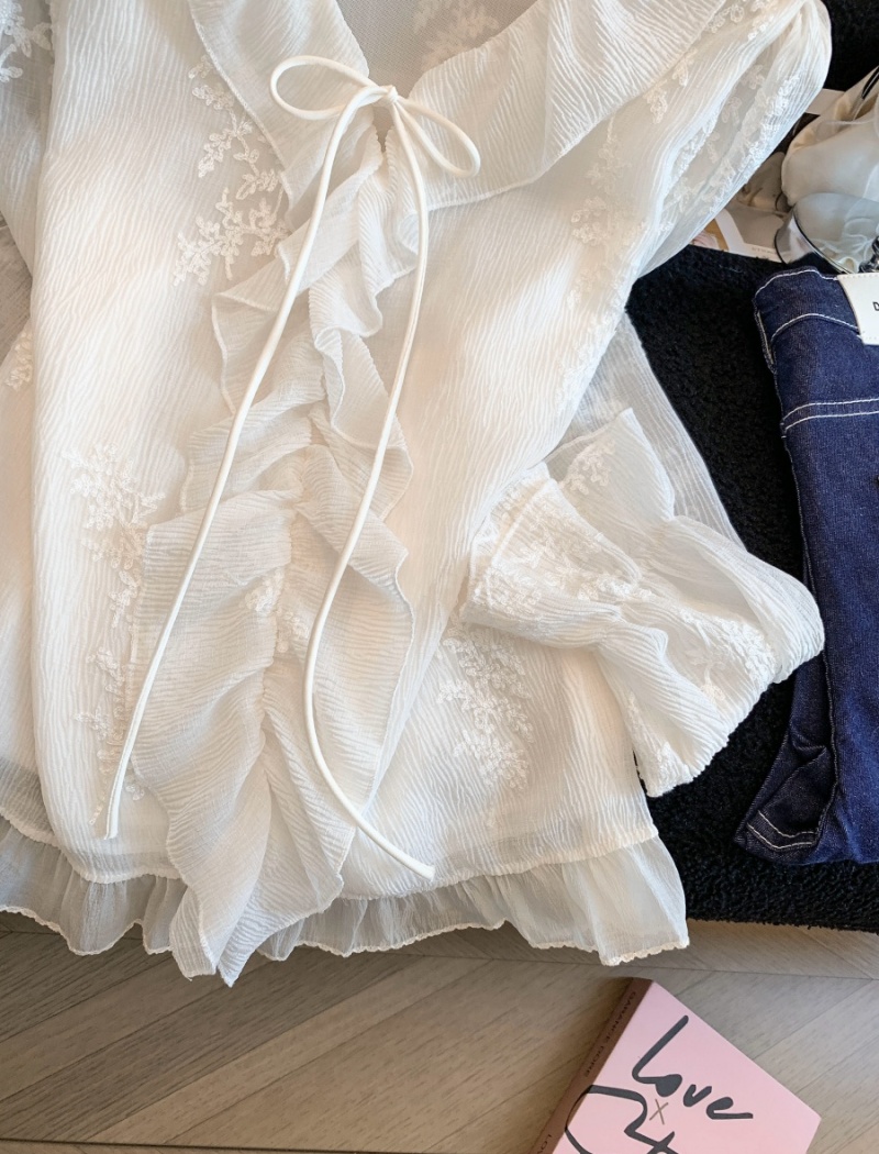 France style shirt embroidered flowers tops