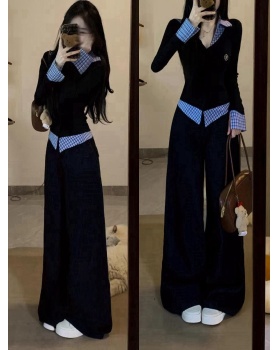 Casual sportswear Pseudo-two hoodie 2pcs set for women