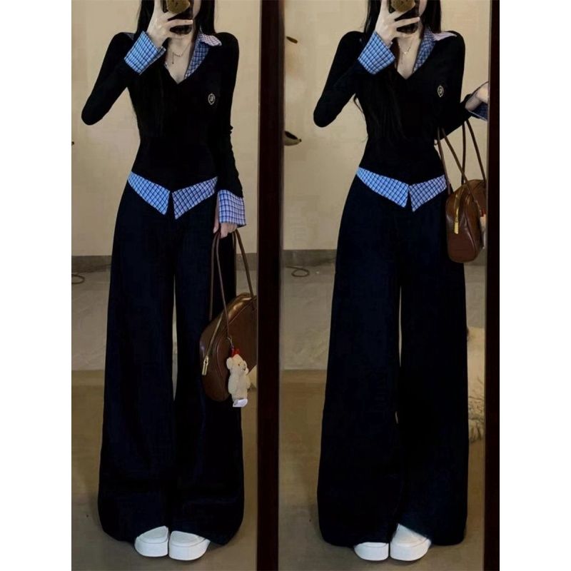 Casual sportswear Pseudo-two hoodie 2pcs set for women