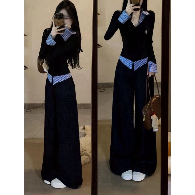 Casual sportswear Pseudo-two hoodie 2pcs set for women