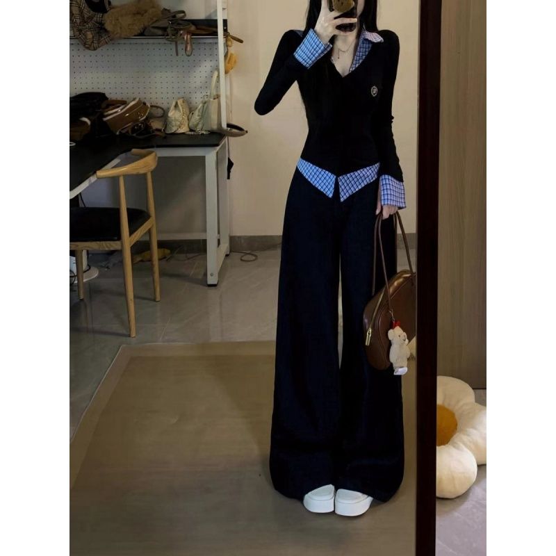 Casual sportswear Pseudo-two hoodie 2pcs set for women