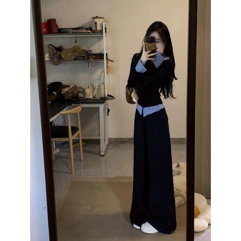 Casual sportswear Pseudo-two hoodie 2pcs set for women