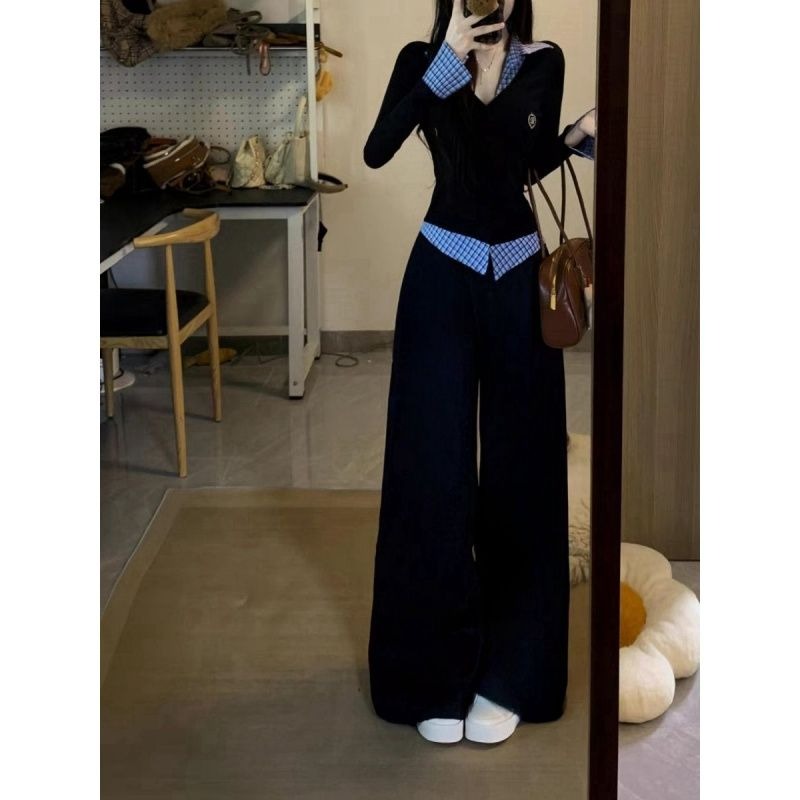 Casual sportswear Pseudo-two hoodie 2pcs set for women