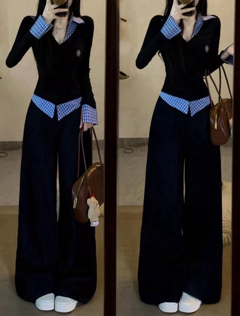 Casual sportswear Pseudo-two hoodie 2pcs set for women