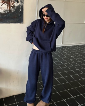 Thin navy-blue hoodie hooded long pants 2pcs set for women
