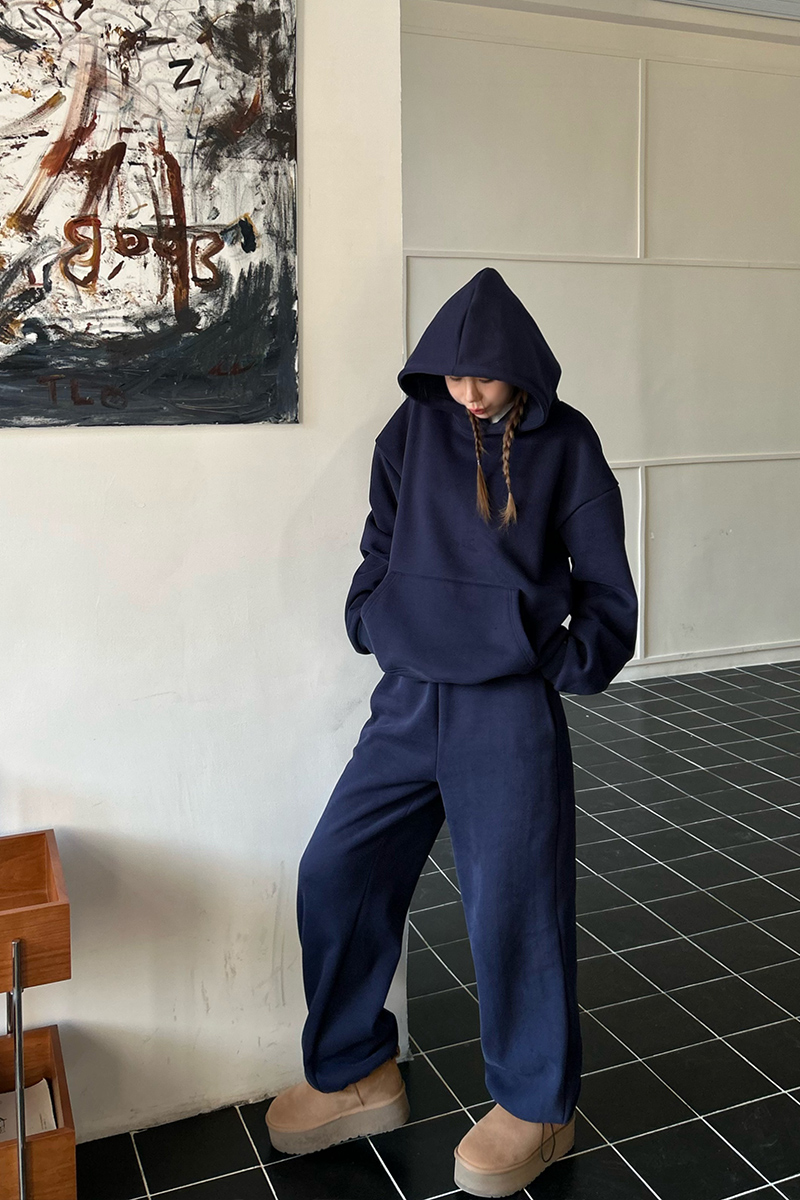 Thin navy-blue hoodie hooded long pants 2pcs set for women