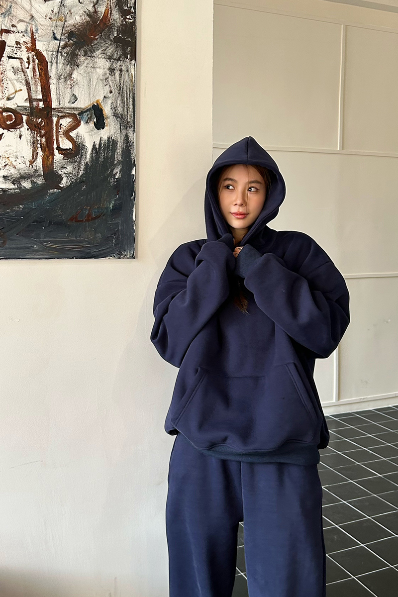 Thin navy-blue hoodie hooded long pants 2pcs set for women