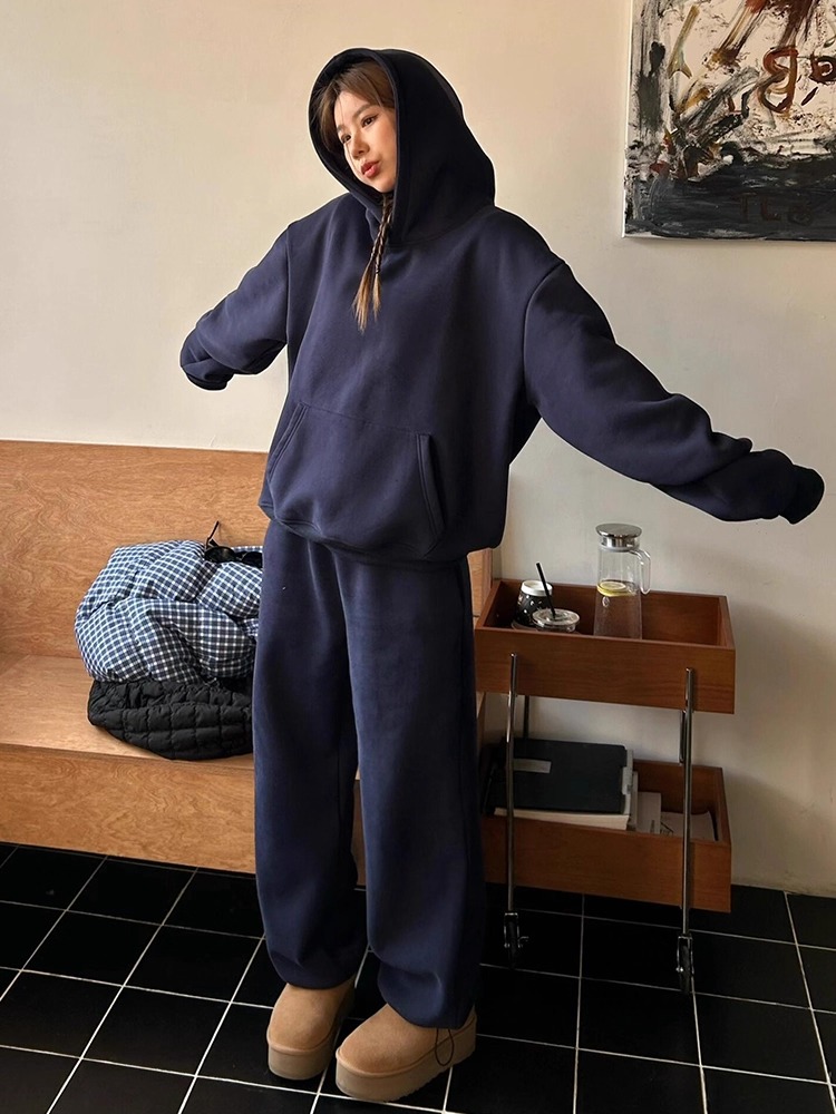 Thin navy-blue hoodie hooded long pants 2pcs set for women