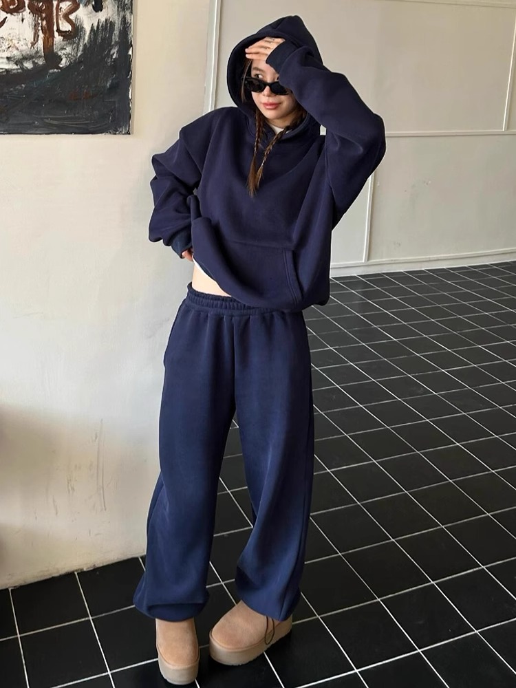 Thin navy-blue hoodie hooded long pants 2pcs set for women