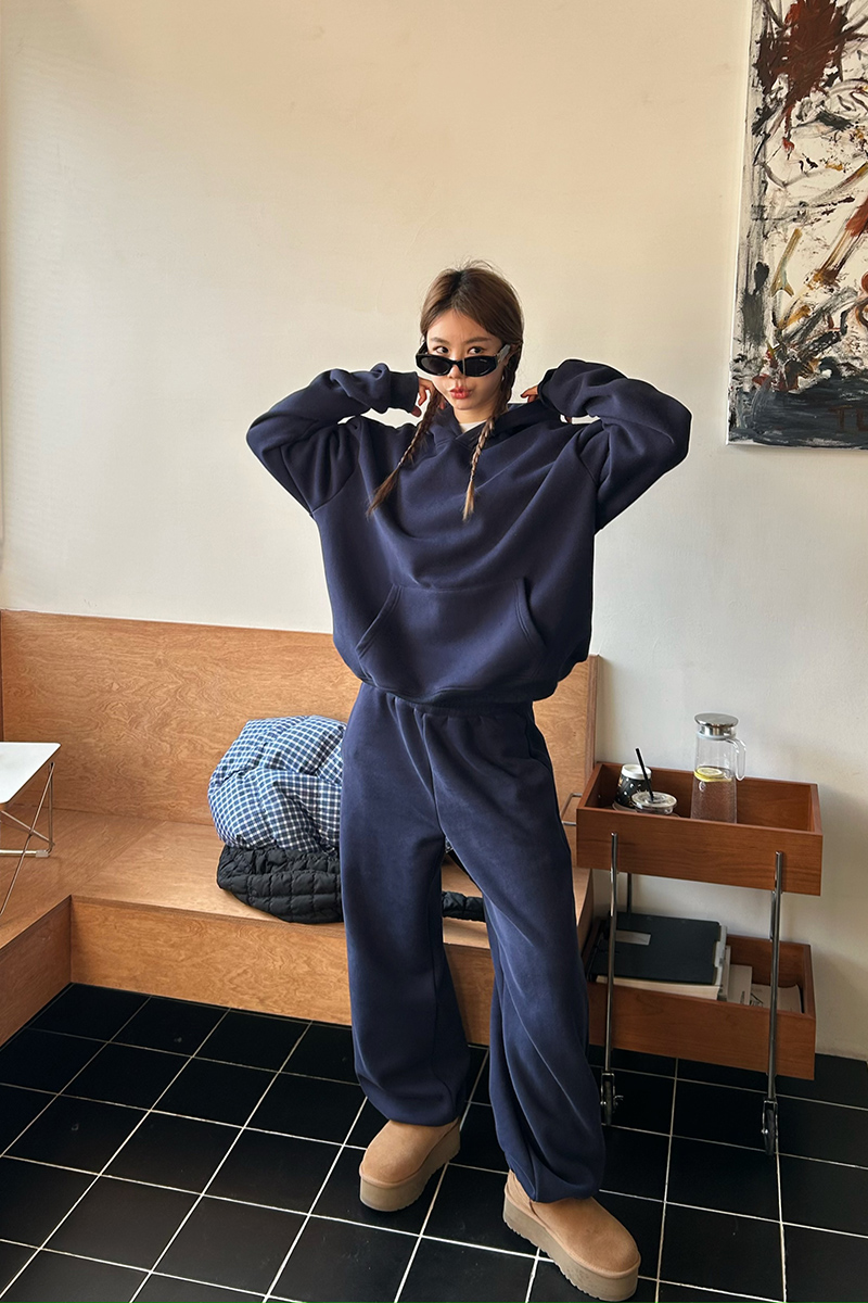 Thin navy-blue hoodie hooded long pants 2pcs set for women