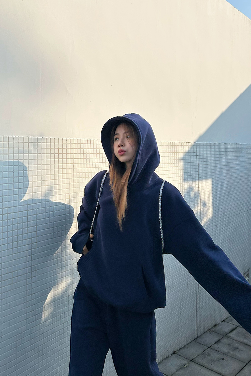 Thin navy-blue hoodie hooded long pants 2pcs set for women